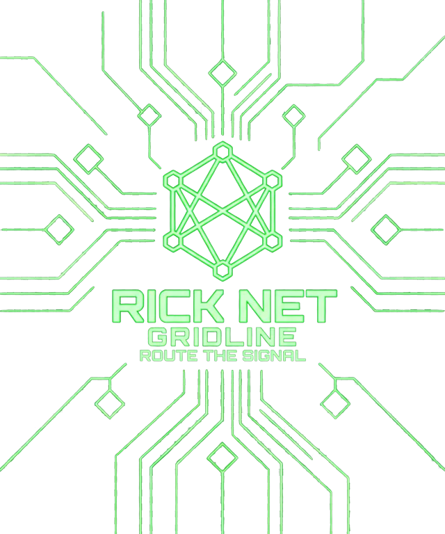 The Rick Net Gridline design: glowing green circuit lines around the Rick Net logo