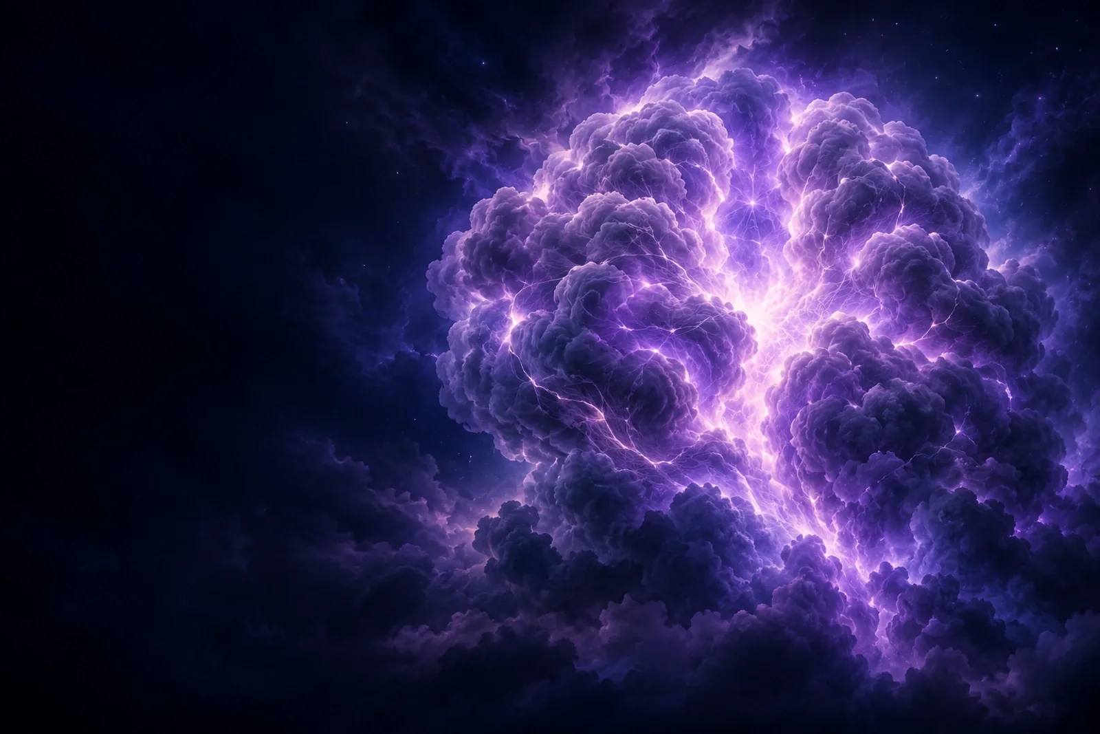 A violet storm cloud shaped like a brain, lit by lightning